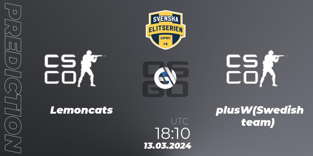 Prognoza Lemoncats - plusW(Swedish team). 13.03.2024 at 18:10, Counter-Strike (CS2), Svenska Elitserien Spring 2024
