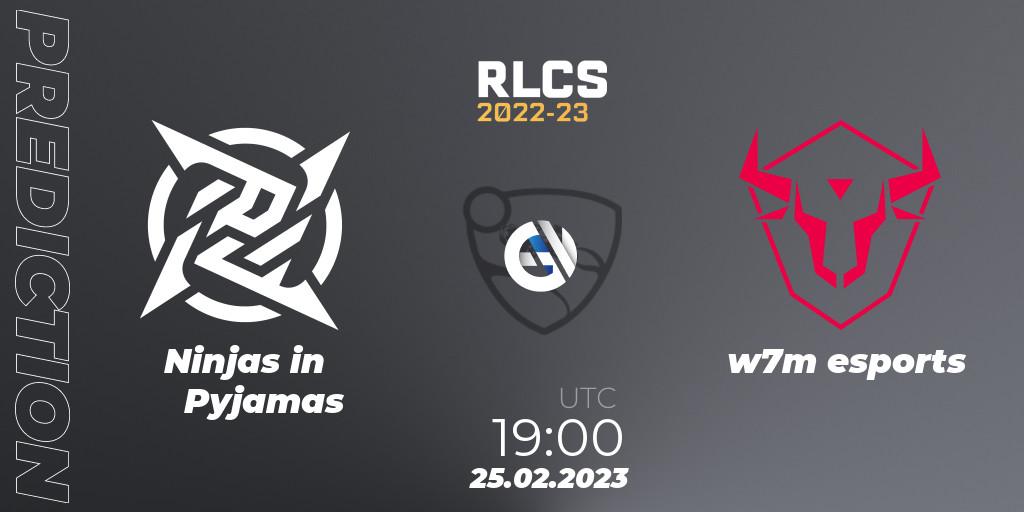 Prognoza Ninjas in Pyjamas - w7m esports. 25.02.2023 at 19:00, Rocket League, RLCS 2022-23 - Winter: South America Regional 3 - Winter Invitational