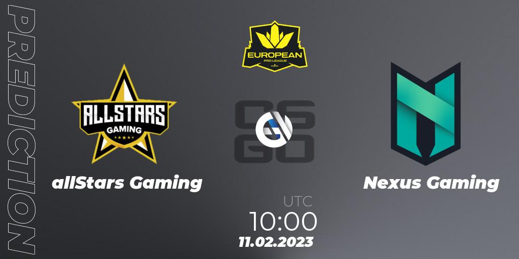 Prognoza allStars Gaming - Nexus Gaming. 11.02.2023 at 10:00, Counter-Strike (CS2), European Pro League Season 6: Division 2