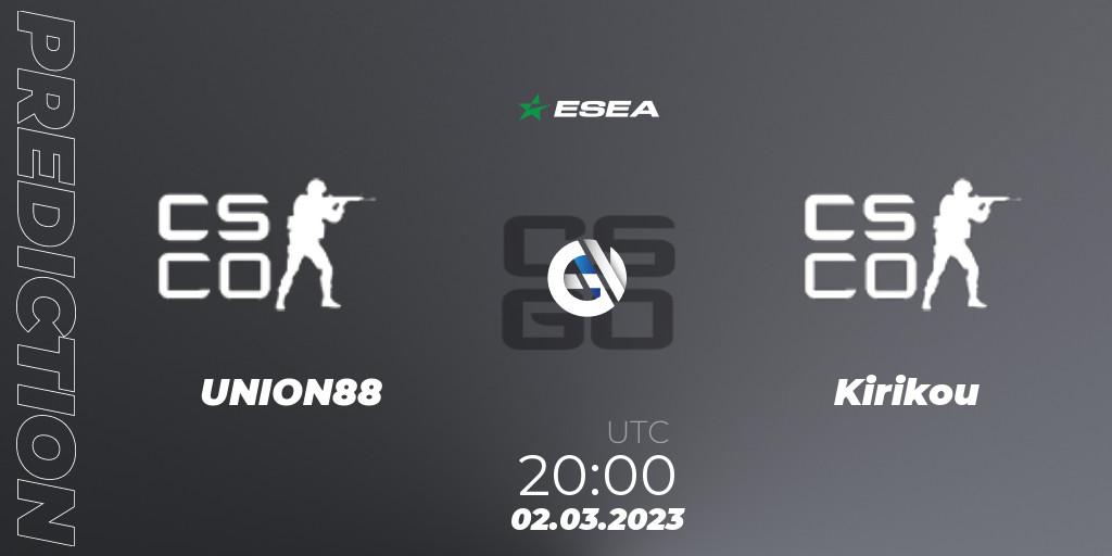 Prognoza UNION88 - Kirikou. 02.03.2023 at 20:00, Counter-Strike (CS2), ESEA Season 44: Advanced Division - Europe