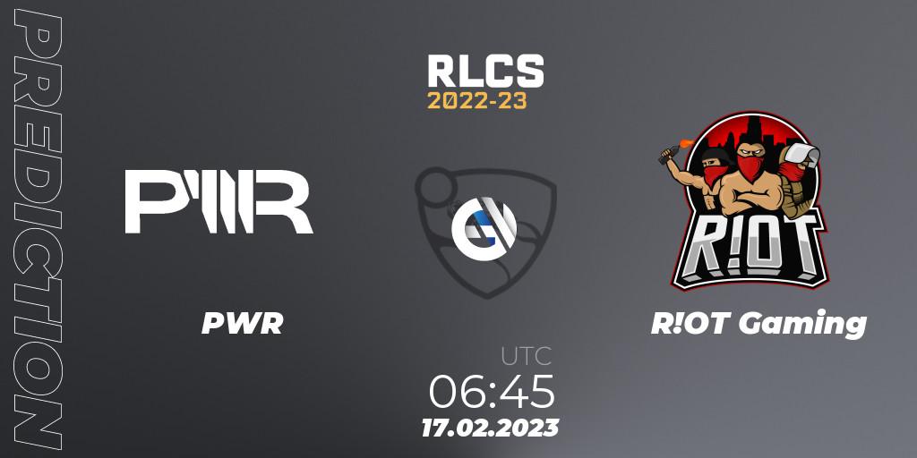 Prognoza PWR - R!OT Gaming. 17.02.2023 at 06:45, Rocket League, RLCS 2022-23 - Winter: Oceania Regional 2 - Winter Cup