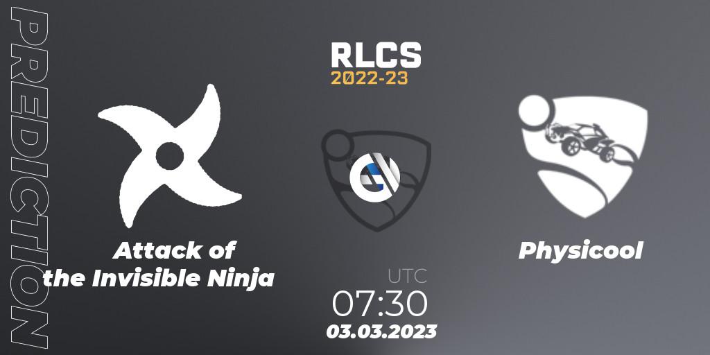 Prognoza Attack of the Invisible Ninja - Physicool. 03.03.2023 at 07:30, Rocket League, RLCS 2022-23 - Winter: Oceania Regional 3 - Winter Invitational