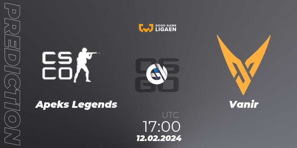 Prognoza Apeks Legends - Vanir. 12.02.2024 at 17:00, Counter-Strike (CS2), Good Game-ligaen Spring 2024