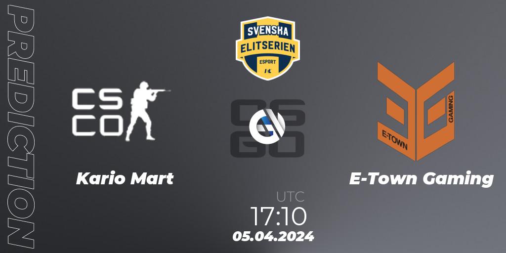 Prognoza Kario Mart - E-Town Gaming. 05.04.2024 at 17:10, Counter-Strike (CS2), Svenska Elitserien Spring 2024