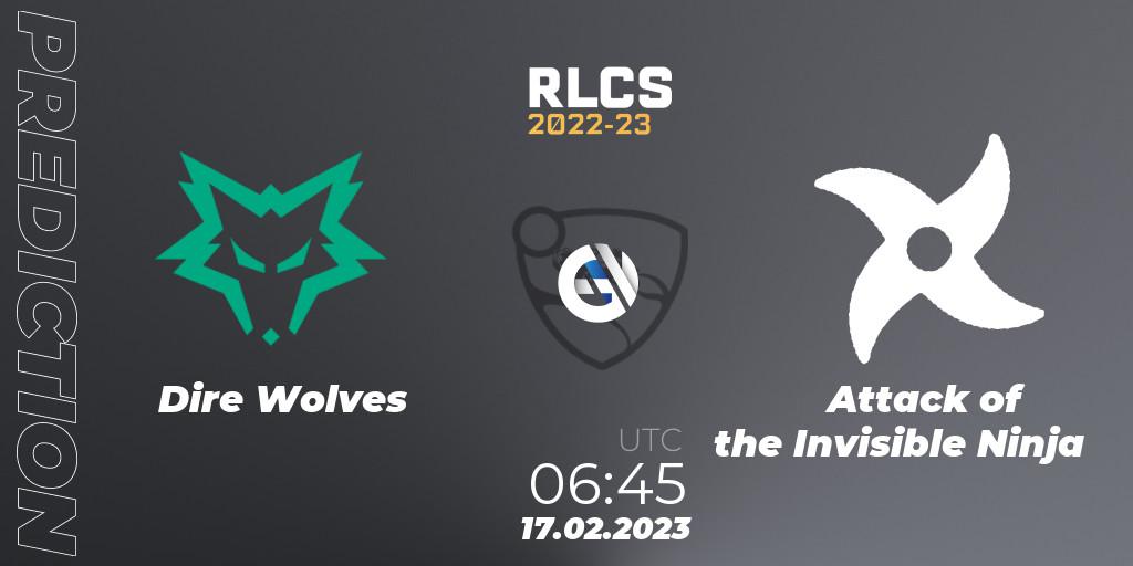 Prognoza Dire Wolves - Attack of the Invisible Ninja. 17.02.2023 at 06:45, Rocket League, RLCS 2022-23 - Winter: Oceania Regional 2 - Winter Cup