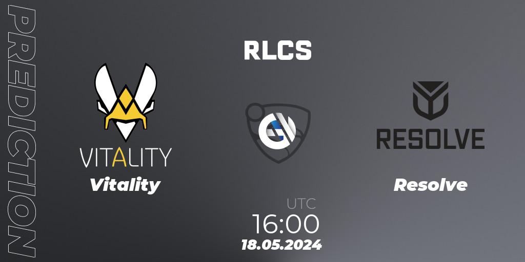 Prognoza Vitality - Resolve. 18.05.2024 at 15:45, Rocket League, RLCS 2024 - Major 2: EU Open Qualifier 5