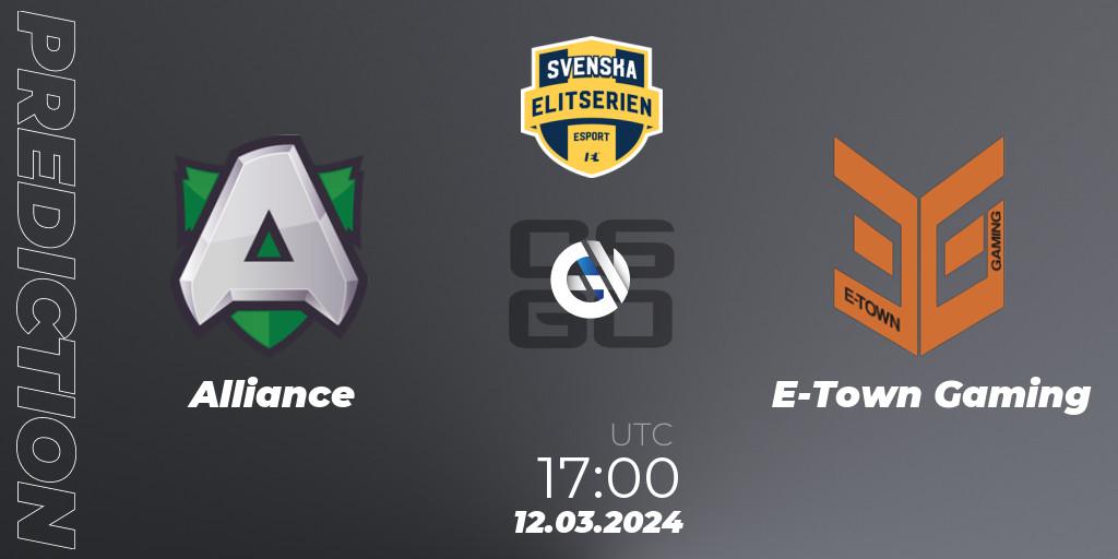 Prognoza Alliance - E-Town Gaming. 14.03.2024 at 19:10, Counter-Strike (CS2), Svenska Elitserien Spring 2024