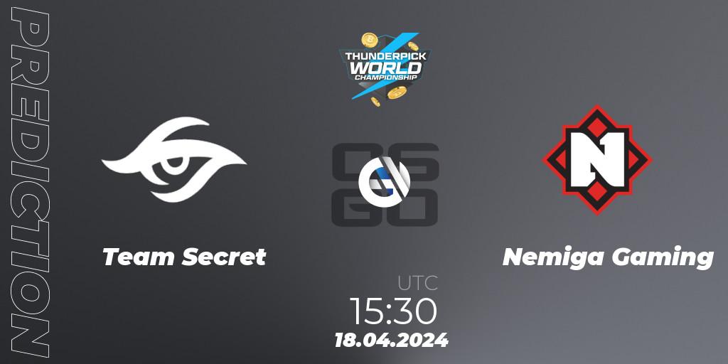 Prognoza Team Secret - Nemiga Gaming. 18.04.2024 at 15:30, Counter-Strike (CS2), Thunderpick World Championship 2024: European Series #1
