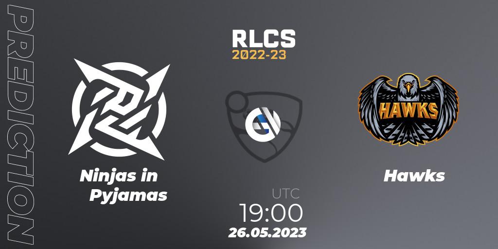 Prognoza Ninjas in Pyjamas - Hawks. 26.05.23, Rocket League, RLCS 2022-23 - Spring: South America Regional 2 - Spring Cup