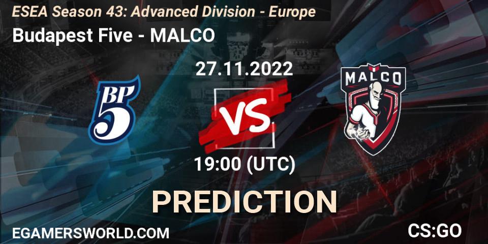 Prognoza Budapest Five - MALCO. 27.11.22, CS2 (CS:GO), ESEA Season 43: Advanced Division - Europe
