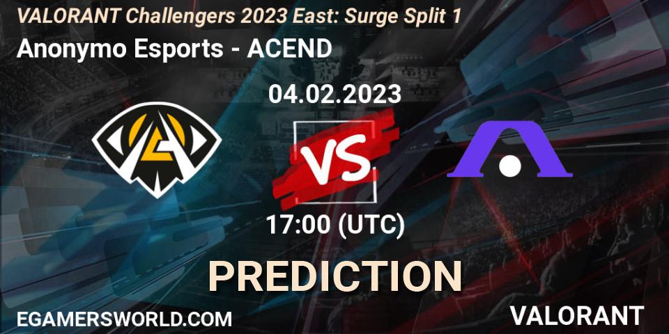 Prognoza Anonymo Esports - ACEND. 04.02.23, VALORANT, VALORANT Challengers 2023 East: Surge Split 1