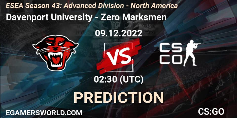 Prognoza Davenport University - Zero Marksmen. 09.12.22, CS2 (CS:GO), ESEA Season 43: Advanced Division - North America