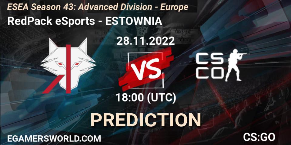 Prognoza RedPack eSports - ESTOWNIA. 28.11.22, CS2 (CS:GO), ESEA Season 43: Advanced Division - Europe