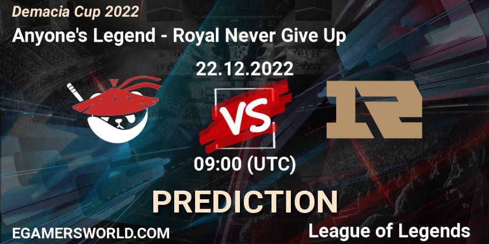 Prognoza Anyone's Legend - Royal Never Give Up. 22.12.22, LoL, Demacia Cup 2022